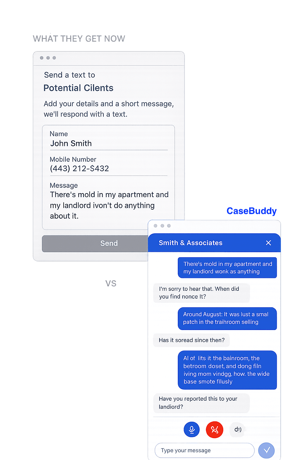 Comparison: a traditional contact form vs. the CaseBuddy conversation widget